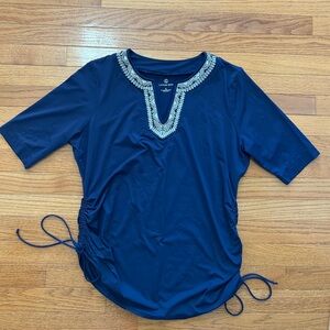 Lands’ End Rash Guard Women’s Size L 14/16 Navy Swim Shirt Embroidered V-Neck